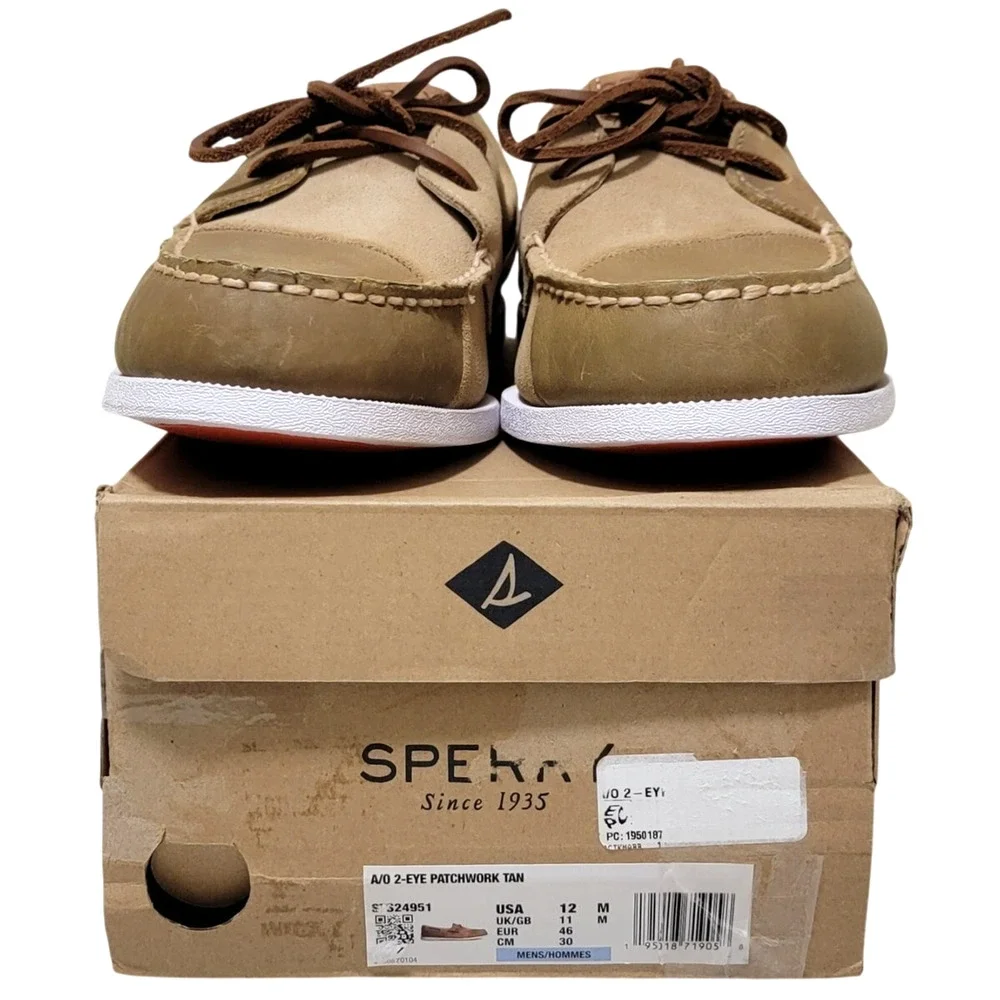 Sperry Top-Sider Men A/O 2-Eye Patchwork Boat Shoes Size US 12M Tan Leather